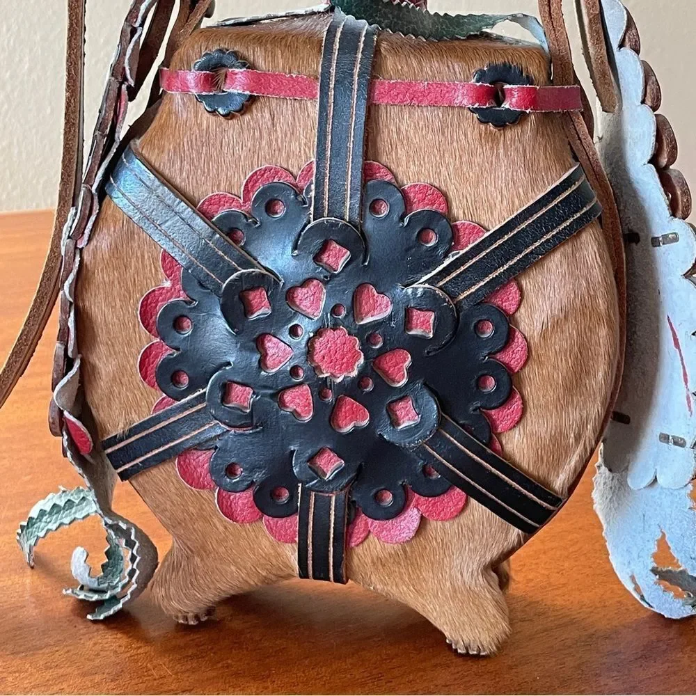 Vintage Hungarian Folk Art Wooden Horsehair Covered Canteen Flask Leather Strap